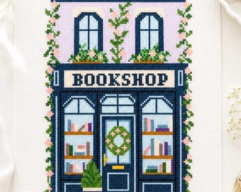 Bookshop Needlepoint Canvas | Cozy Literary Storefront | 18 Mesh Needlepoint Design | Reader Gift | Heirloom Style Canvas