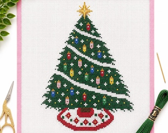 Broderie sur toile pour sapin de Noël avec guirlandes rétro | Kit de couture nostalgique des fêtes
