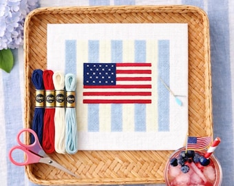 Coastal American Flag Needlepoint Kit | Beginner Printed or Hand-Painted Canvas