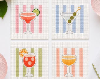 Striped Cocktail Needlepoint Coaster Canvases | Set of 4 Printed Cabana Stripe Designs