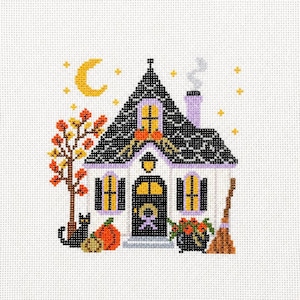 Halloween Witch Cottage Needlepoint Canvas | Cozy Halloween House | 18 Mesh Printed Canvas | Autumn Needlepoint | Black Cat & Pumpkins