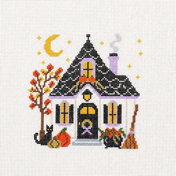 Halloween Witch Cottage Needlepoint Canvas | Cozy Halloween House | 18 Mesh Printed Canvas | Autumn Needlepoint | Black Cat & Pumpkins