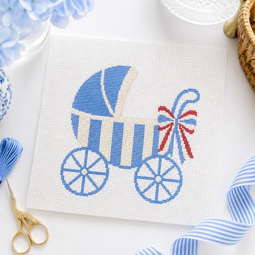 Americana Baby Carriage Needlepoint Canvas | 13 Mesh Printed Needlepoint | Personalized Baby Shower Gift | Southern Heirloom Nursery Decor