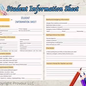 Student Information Sheet Printable – Back to School & Summer School Form for Teachers