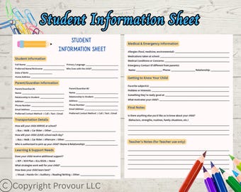 May include: A student information sheet with sections for student, parent/guardian, and transportation details. Includes areas for medical information and teacher's notes. Colored pencils and paperclips are in the background.