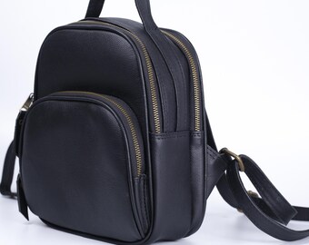 Black Leather Mini Backpack, Small Cowhide Backpack