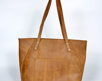 Personalized Leather Tote Bag, Zipper Handbag, Cowhide Shoulder Bag