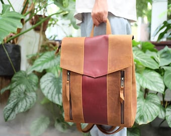 Handmade Genuine Leather Color Block Backpack
