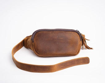 Real Leather Hip Bag with Double Zipper, Cowhide Sling Bag