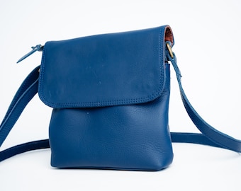 Bolsa transversal em couro azul | Couro italiano de alta qualidade, feita à mão