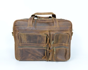 Leather Briefcase for Journalist, Brown Cowhide Big Documentary Bag Strap, Classic Multi-compartments Laptop Bag