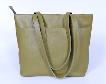 Personalized Leather Tote Bag, Cowhide Zipper Handbag, Women's Shoulder Bag