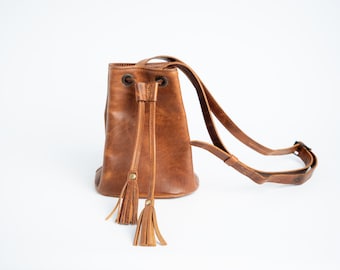 Genuine Leather Bucket Bag| Da Bao Bucket Tote Bag| Brown Leather Bucket Purse| Leather Pouch With Drawstring| Danae Bag| Mother's Day Gift