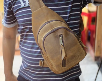 Handmade Leather Sling Bag, Men's Crossbody Travel Bag