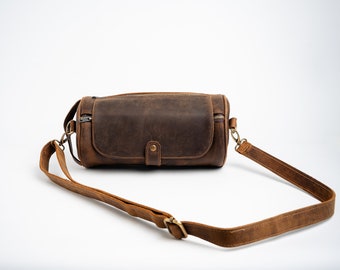 Brown Leather Cylinder Bag | Full-Grain Cowhide Shoulder Purse, Waxed Messenger Bag