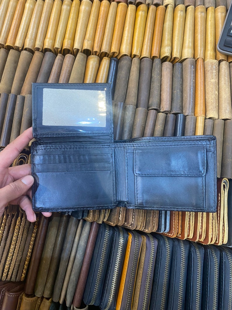 Brown Leather Trifold Wallet and Black Leather Wallet Coin Pocket for