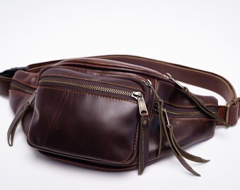 Leather Hip Bag with Multi Compartments, Travel Sling Bag
