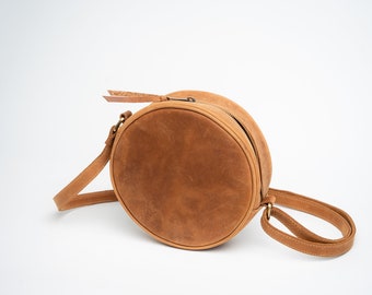 Bolsa transversal redonda de couro, bolsa circular de couro bovino, bolsa de ombro