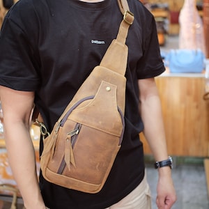 Bolso bandolera de cuero genuino para hombre, bolso cruzado de cuero para viajar, tomar un café o tomar un café.