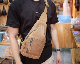 Leather Sling Bag, Men's Cowhide Crossbody Travel Bag