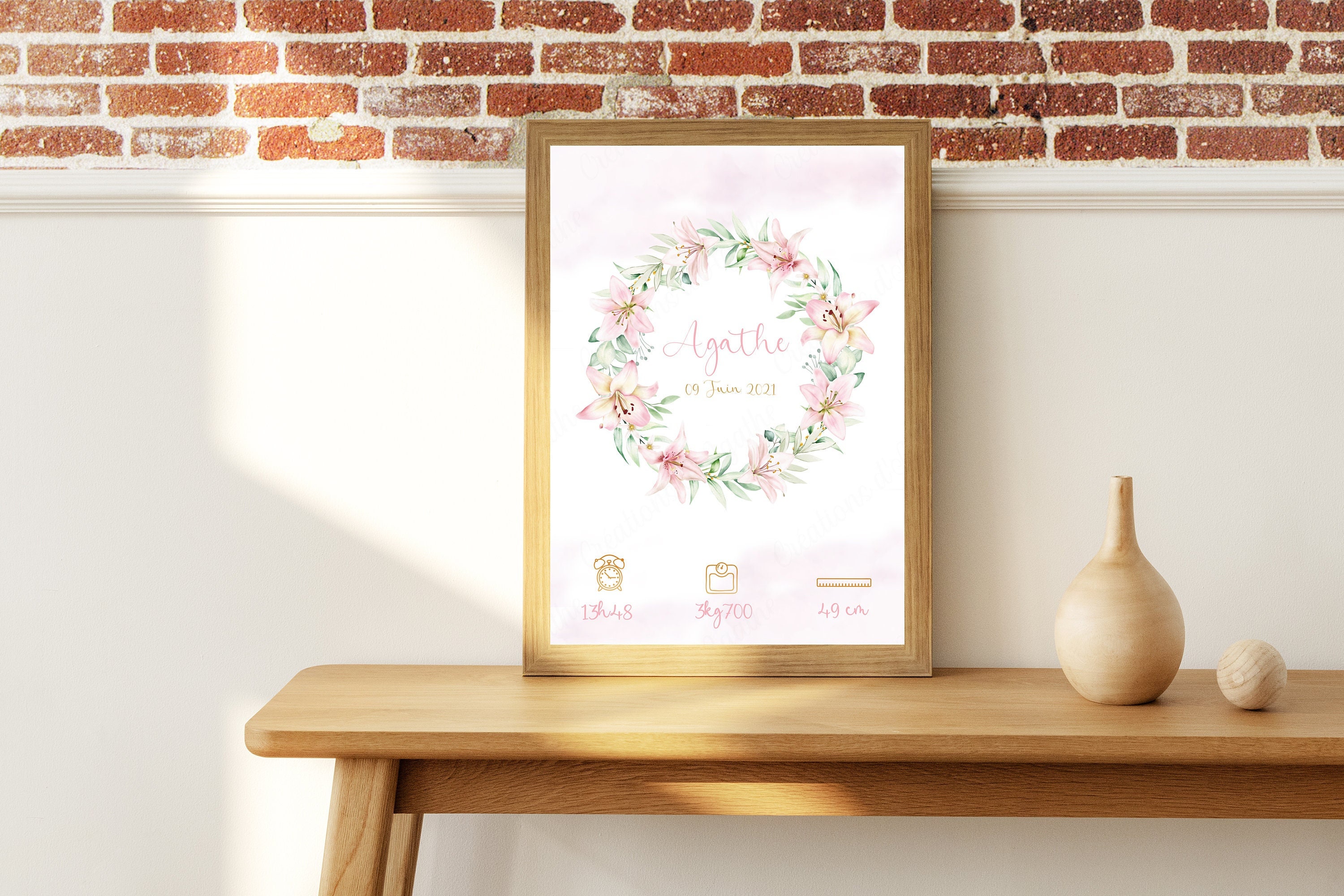 Affiche de Naissance Personnalisée avec Couronne Fleurs Rose - A4 Décoration Chambre Enfants/Bébé