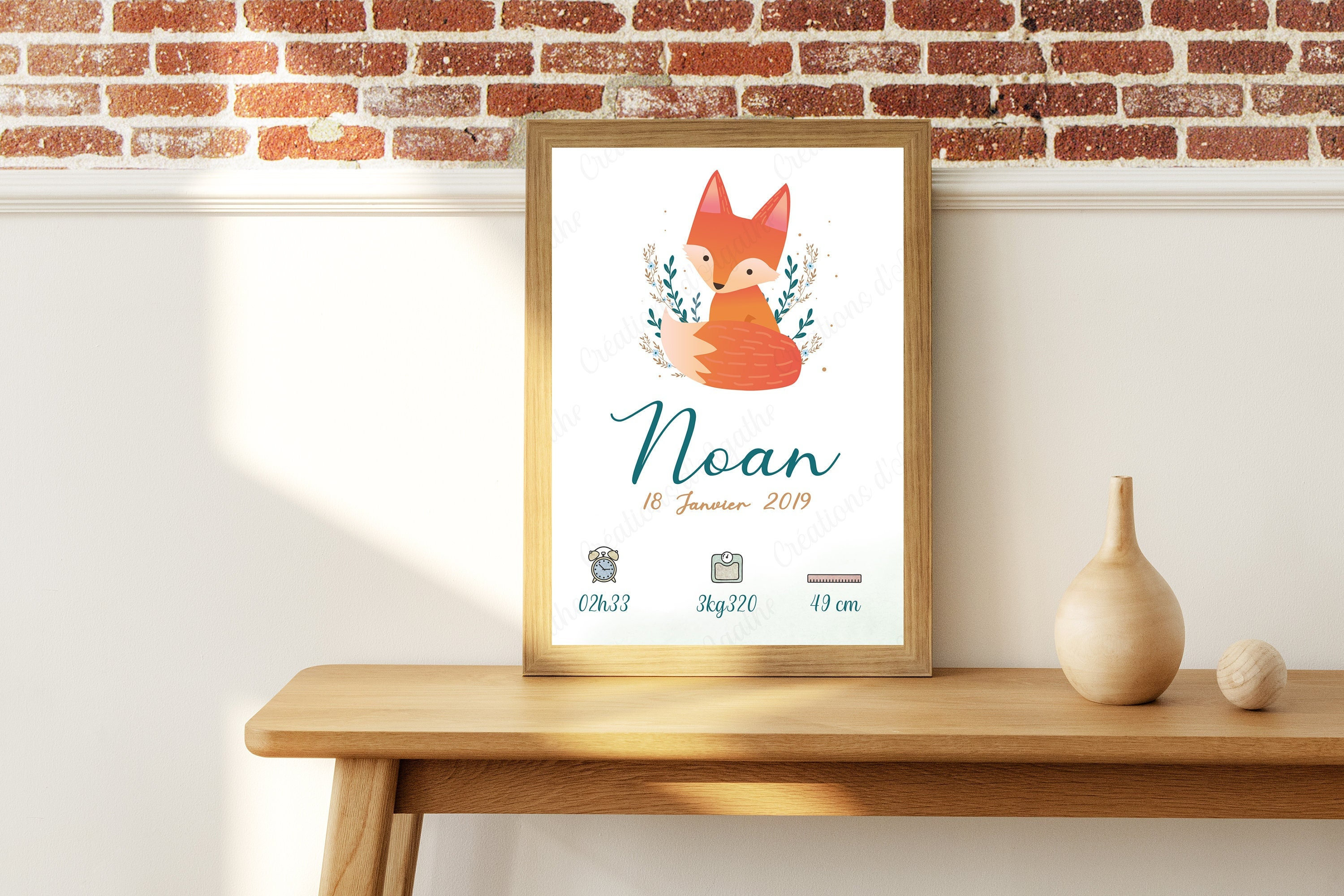 Affiche de Naissance Personnalisée avec Renard - A4 Décoration Chambre Enfants/Bébé