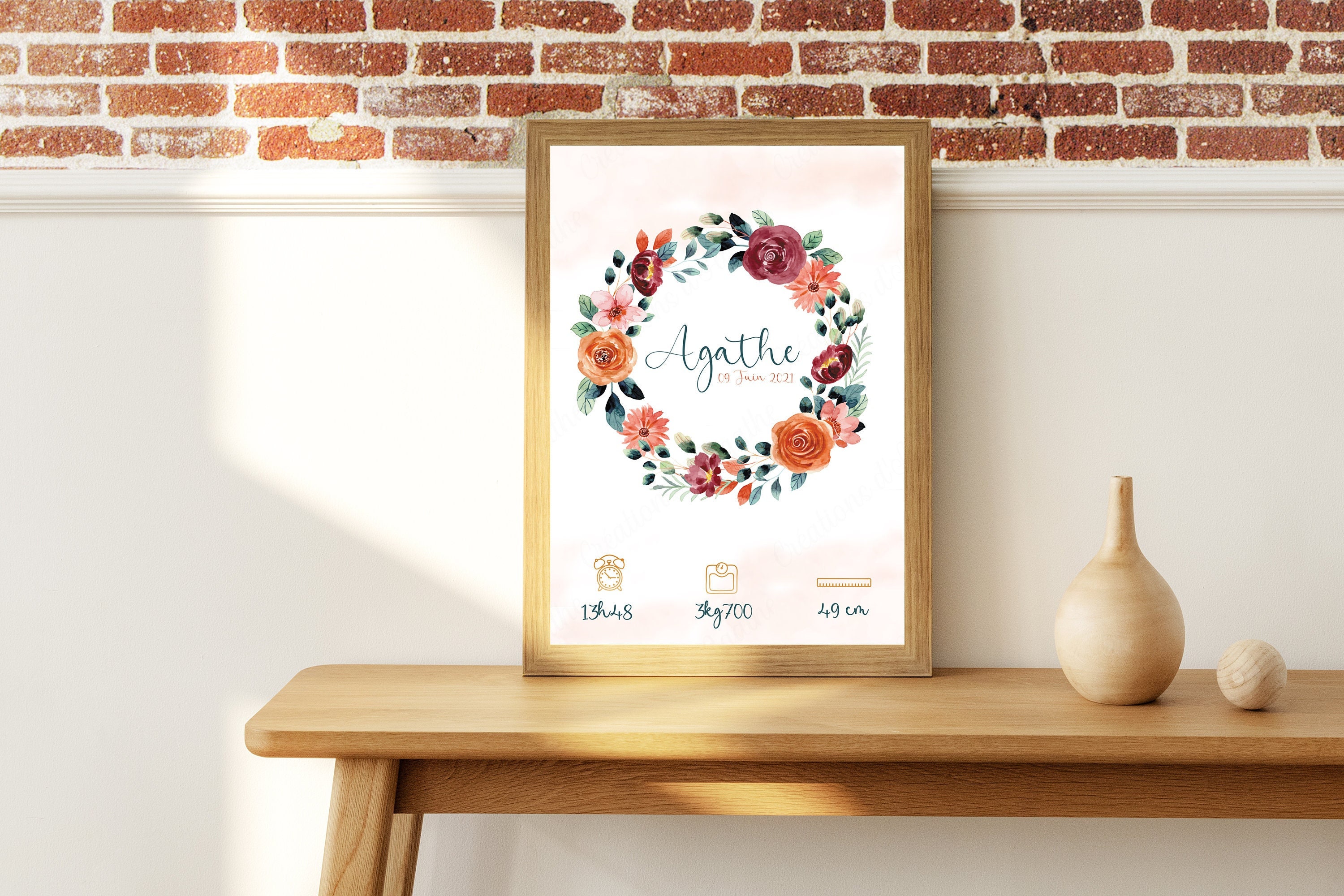 Affiche de Naissance Personnalisée avec Couronne Fleurs - A4 Décoration Chambre Enfants/Bébé