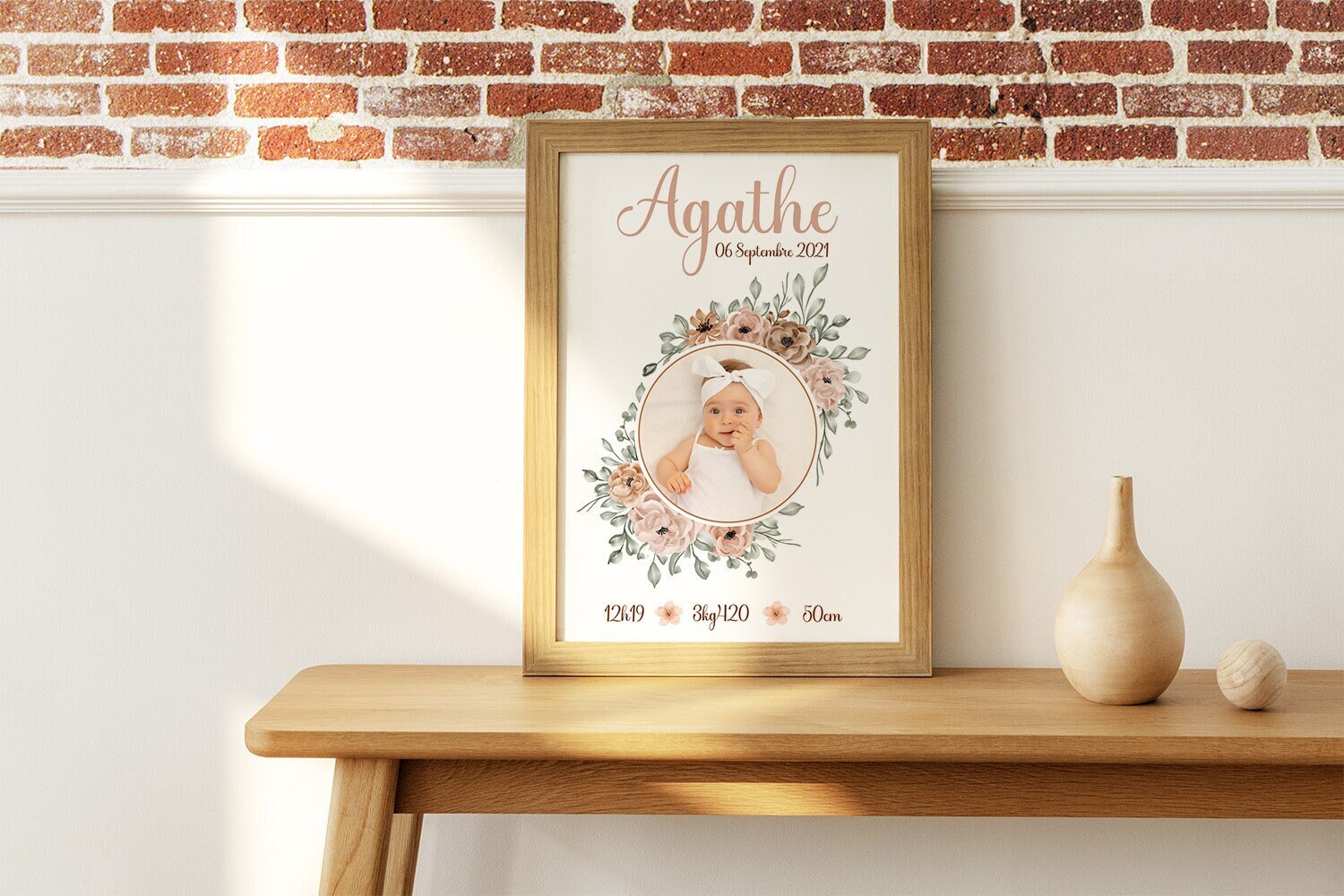 Affiche de Naissance Personnalisée avec Photos et Couronne Fleurs - Cadre A4 -Décoration Chambre Enf