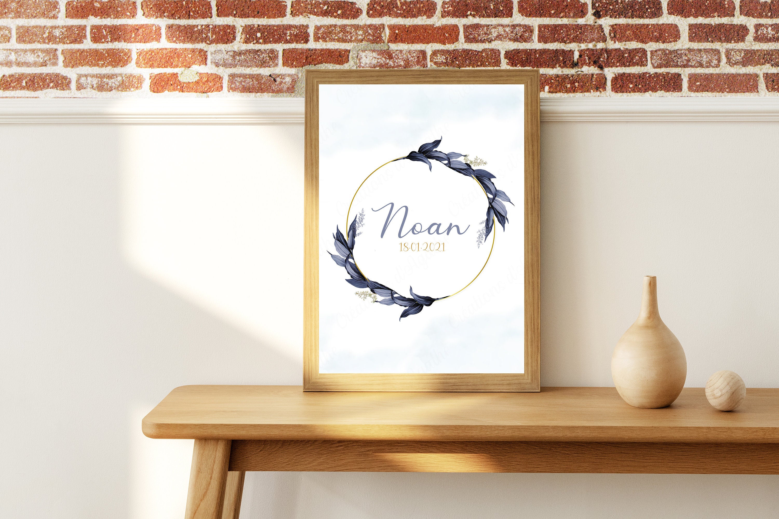 Affiche de Naissance Personnalisée avec Cercle Bleu - A4 Décoration Chambre Enfants/Bébé