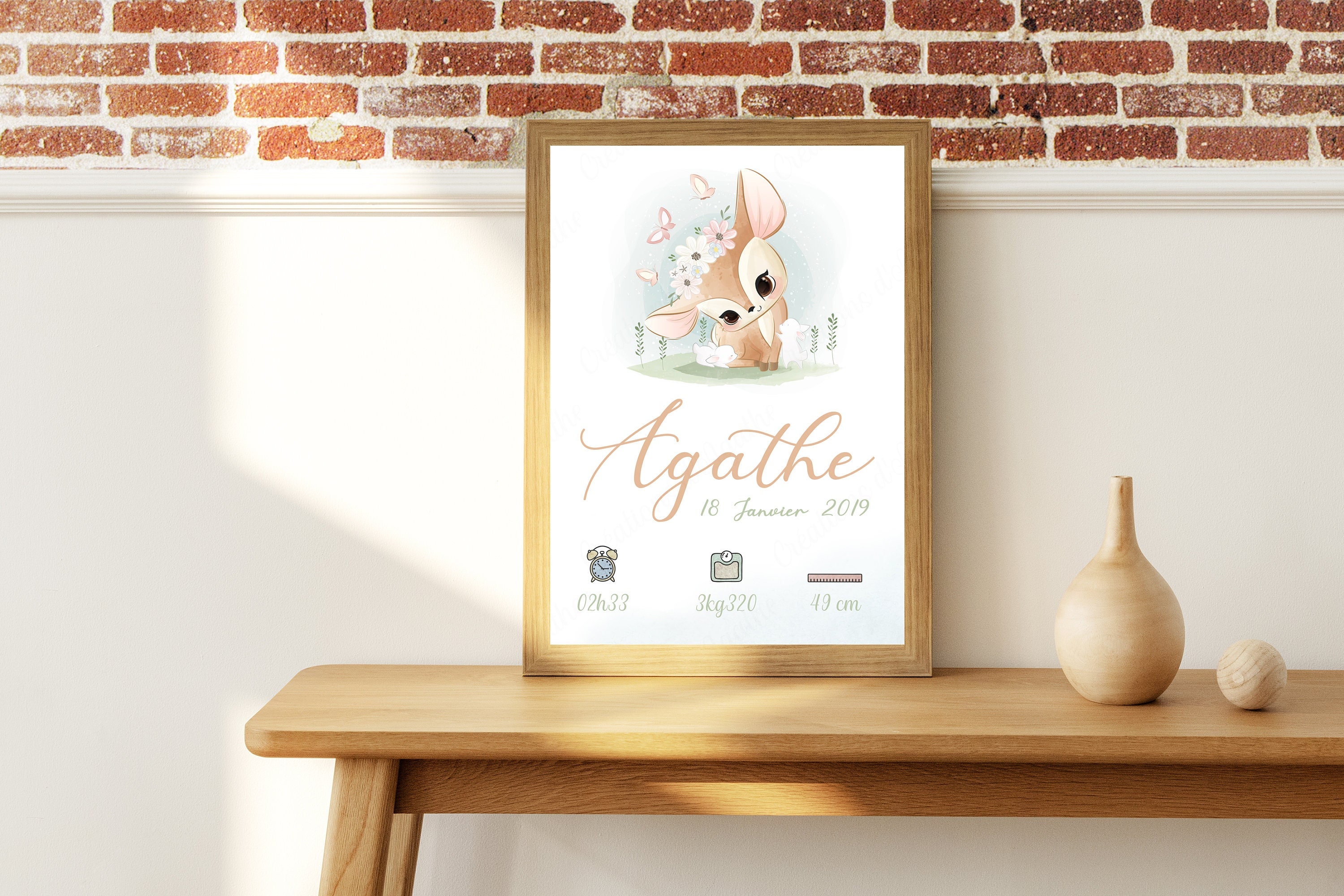 Affiche de Naissance Personnalisée avec Biche - A4 Décoration Chambre Enfants/Bébé