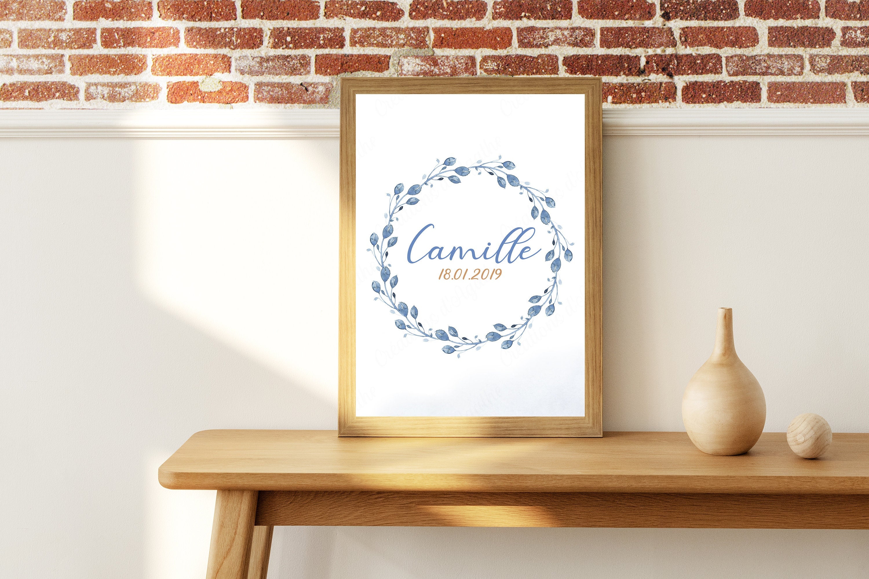 Affiche de Naissance Personnalisée avec Couronne Fleurs Bleu - A4 Décoration Chambre Enfants/Bébé