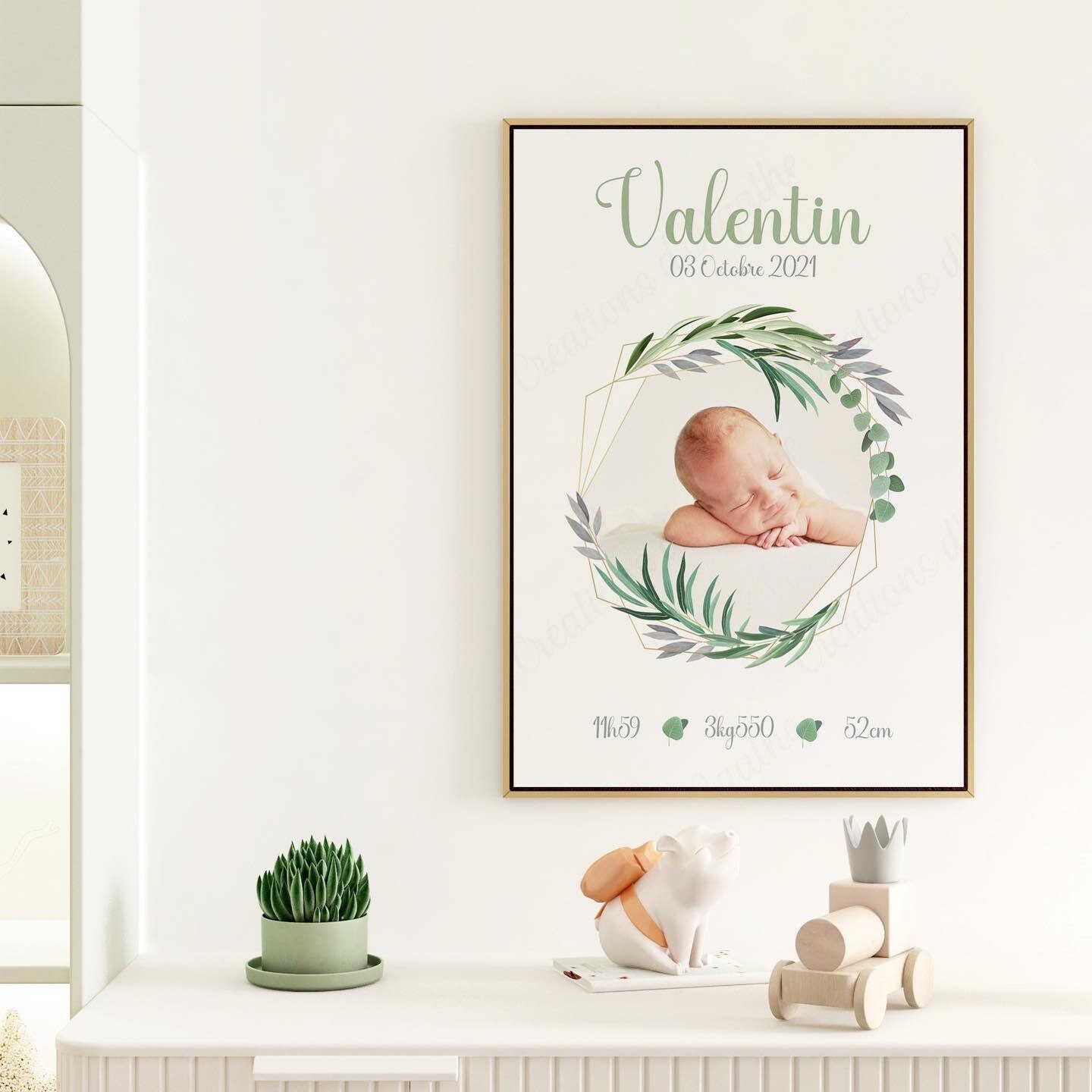 Affiche de Naissance Personnalisée avec Photos et Couronne Fleurs - Cadre A4 -Décoration Chambre Enf