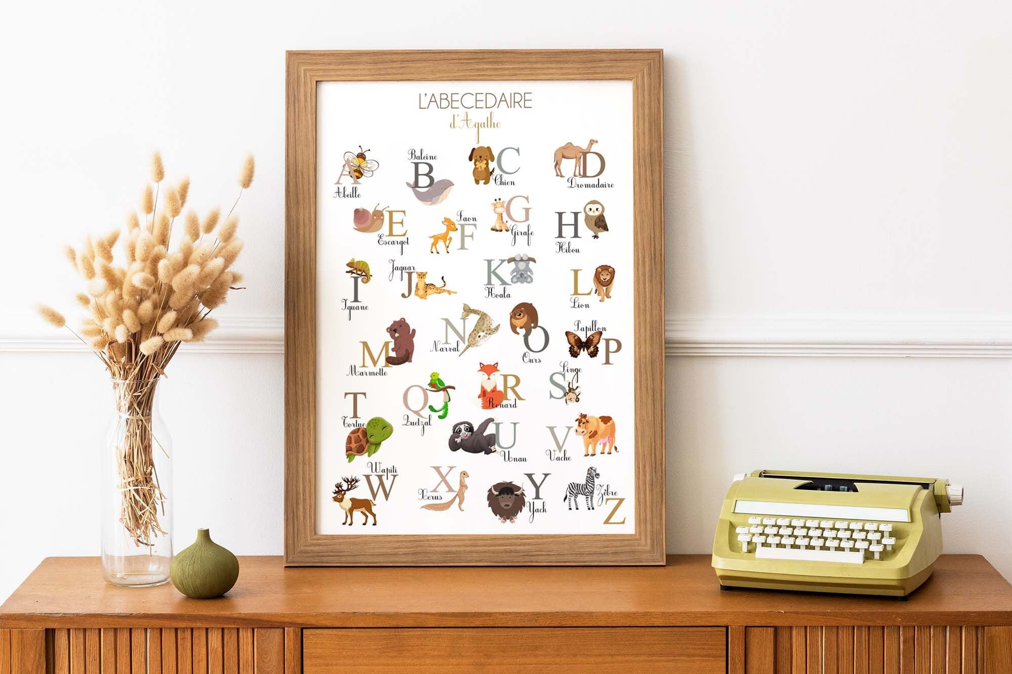 Affiche Abécédaire Animaux Pour Enfants Personnalisable avec Un Prénom - Format A4