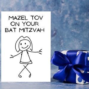 Mazel Tov na Twojej Bat Micwie Zabawna Postać z Patyczkiem Wydrukowana Kartka Z Pozdrowieniami