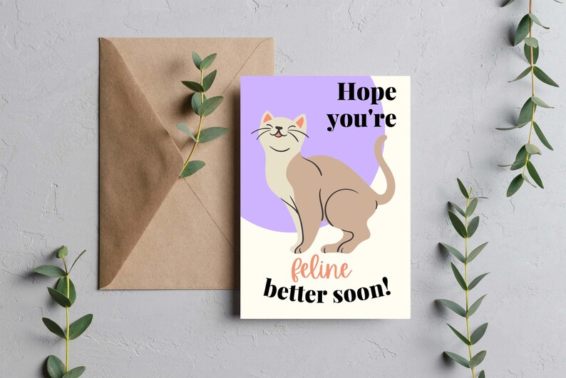 Get Well Soon Cat Card, Hope You Are Feline Better Soon, Get Well Card