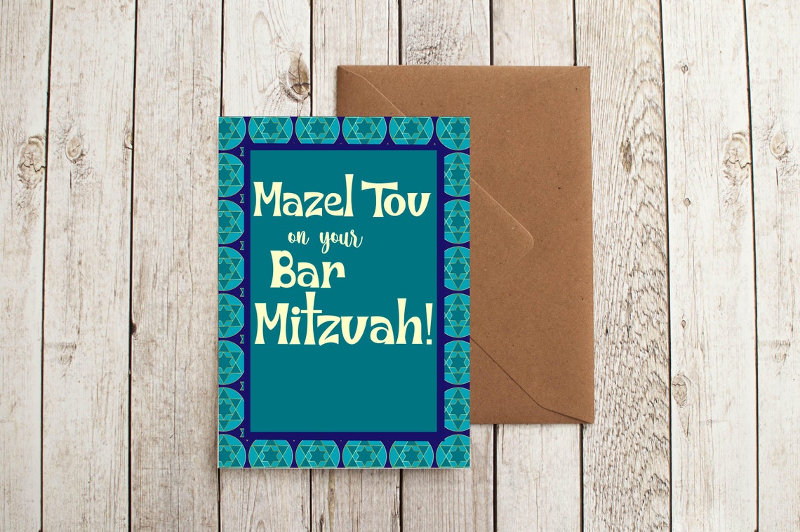 Pictura Bar Mitz Vah: Blue And Green Block Letters Congratulations Bar Mitzvah Card