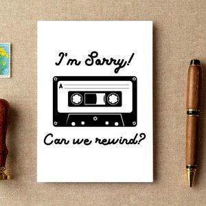Excuseskaart voor muziekliefhebber Vintage kaart Retro cassettekaart Het spijt me Kunnen we terugspoelen? Het spijt me kaart Instant Download afdrukbare kaart
