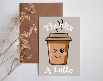Café merci un modèle de carte de remerciement Latte, carte imprimable de note de remerciement de tasse de café, téléchargement de carte de remerciement de café