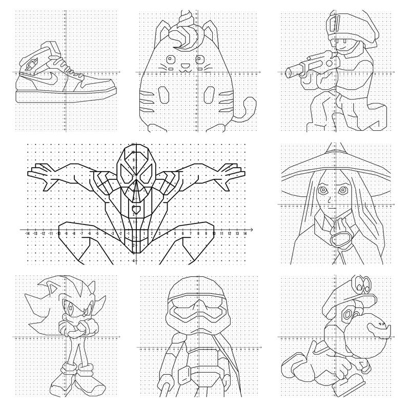 May include: Line drawings of various characters and objects, including a high-top sneaker, a cat with a unicorn horn, a soldier with a gun, Spider-Man, a witch, Sonic the Hedgehog, a Stormtrooper, and a cartoon character.