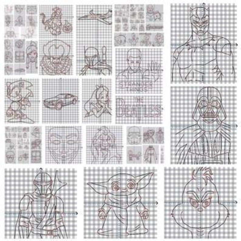 May include: A grid of various pop culture character line drawings, including Batman, Darth Vader, and Baby Yoda. The drawings are in red lines on a gray and white checkered background. The Beatles and Stranger Things logos are also featured.