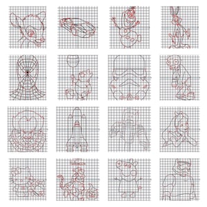 May include: A grid of cartoon character line drawings, including Bambi, a car, Olaf, Bugs Bunny, Spider-Man, Winnie the Pooh, a Stormtrooper, a zombie, Pennywise, a space shuttle, a robot, Alice, Hello Kitty, a Halloween tiger, Peppa Pig, and another Stormtrooper.