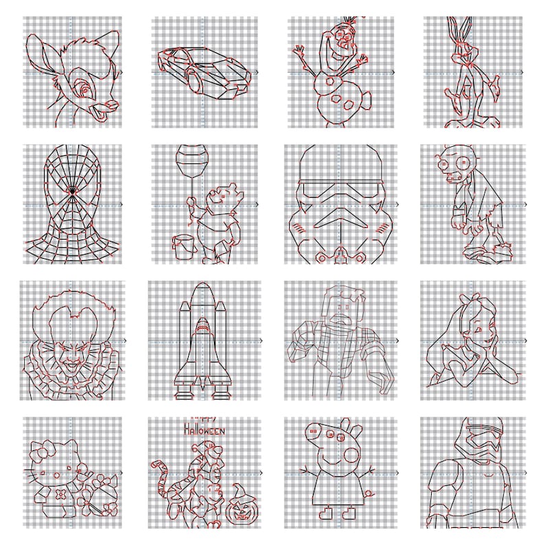 May include: A grid of cartoon character line drawings, including Bambi, a car, Olaf, Bugs Bunny, Spider-Man, Winnie the Pooh, a Stormtrooper, a zombie, Pennywise, a space shuttle, a robot, Alice, Hello Kitty, a Halloween tiger, Peppa Pig, and another Stormtrooper.