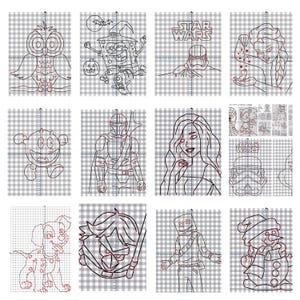 May include: A collection of twelve line art illustrations on a grid background. The images depict various characters, including an owl, SpongeBob SquarePants in a witch hat, a Star Wars Stormtrooper, Elsa from Frozen, Pac-Man, The Mandalorian, a woman, Spider-Man, a Dalmatian, a character with a sword, a toy soldier, and a snowman.
