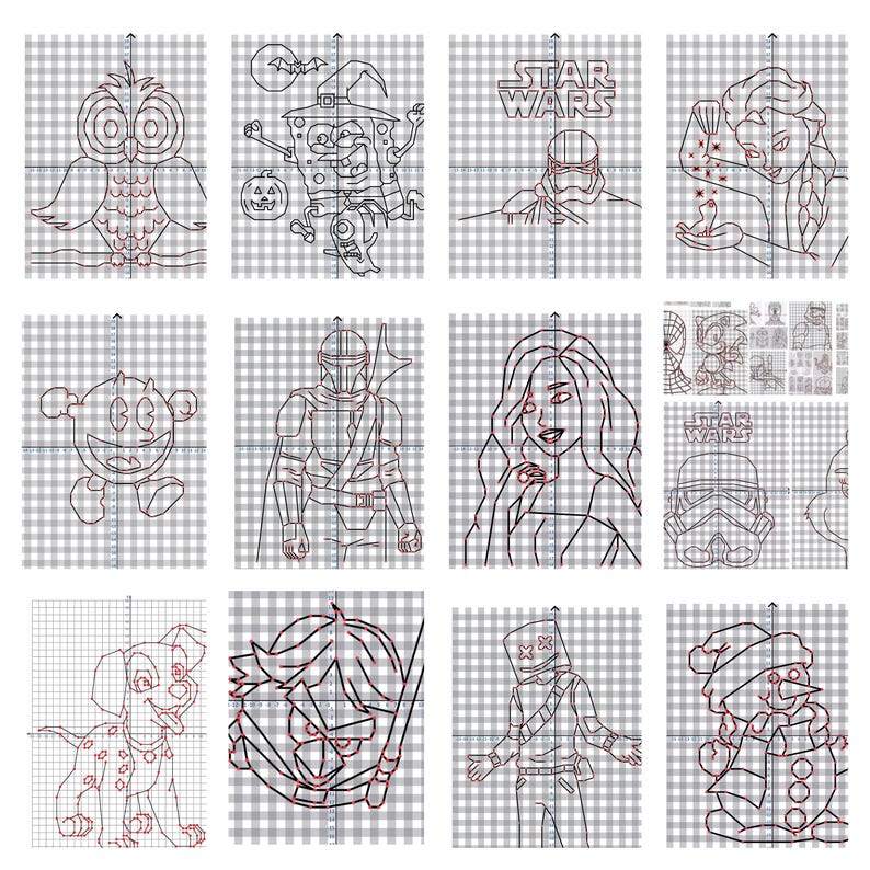 May include: A collection of twelve line art illustrations on a grid background. The images depict various characters, including an owl, SpongeBob SquarePants in a witch hat, a Star Wars Stormtrooper, Elsa from Frozen, Pac-Man, The Mandalorian, a woman, Spider-Man, a Dalmatian, a character with a sword, a toy soldier, and a snowman.