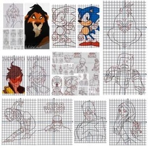 May include: A collection of cross-stitch patterns featuring various characters. The patterns include Scar from The Lion King, Sonic the Hedgehog, The Grinch, characters from Overwatch, Spider-Man, Captain America, and Star Wars characters. The patterns are on a grid background.
