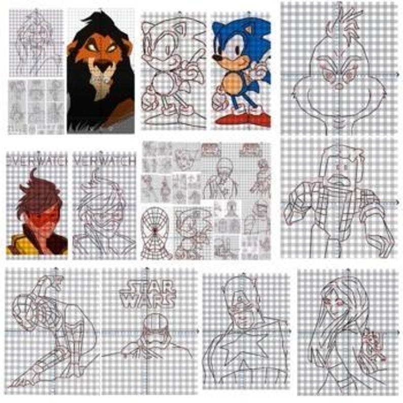 May include: A collection of cross-stitch patterns featuring various characters. The patterns include Scar from The Lion King, Sonic the Hedgehog, The Grinch, characters from Overwatch, Spider-Man, Captain America, and Star Wars characters. The patterns are on a grid background.