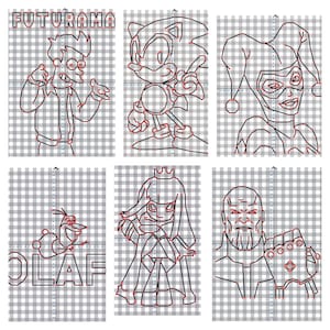May include: Six black and red line art illustrations of cartoon characters on a gray and white checkered background. Characters include Fry from Futurama, Sonic the Hedgehog, Harley Quinn, Olaf, a princess, and Thanos.