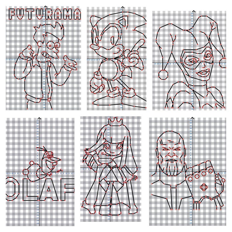 May include: Six black and red line art illustrations of cartoon characters on a gray and white checkered background. Characters include Fry from Futurama, Sonic the Hedgehog, Harley Quinn, Olaf, a princess, and Thanos.