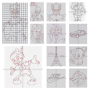 May include: A grid of images featuring line drawings of various characters and objects. Included are Black Panther, a Fortnite character, a superhero, Dora the Explorer, Pinocchio, the Eiffel Tower, a car, a cartoon animal, the Nike logo, and the Ghostbusters logo.