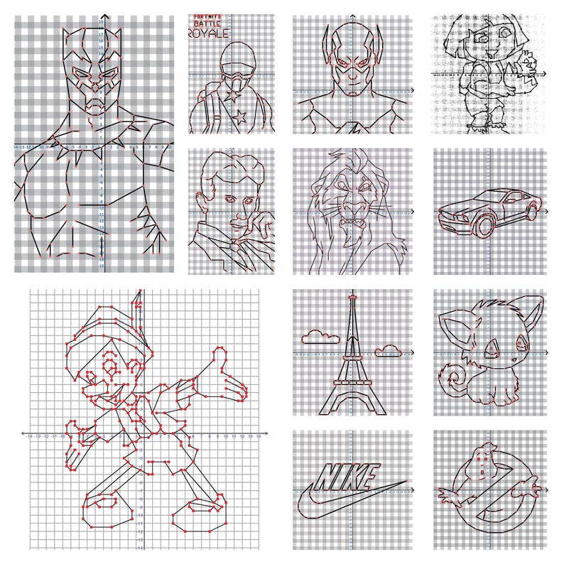 May include: A grid of images featuring line drawings of various characters and objects. Included are Black Panther, a Fortnite character, a superhero, Dora the Explorer, Pinocchio, the Eiffel Tower, a car, a cartoon animal, the Nike logo, and the Ghostbusters logo.